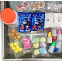 Sét làm slime:2 gói tuyết,2 borax ,2 gói cham,1 gói fisbow ,5 lọ mầu thực phẩm,3 pompom,1 bỏng ngô,1 lọ keo