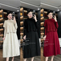 Set len áo choàng cánh dơi váy len tay dài #268 hàng QC freesize Bầu bí bon chen thoải mái