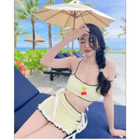 SET LEN ÁO CROPTOP CHÂN VÁY ĐÍNH TRÁI CHERRY (SẴN MÀU KEM VÀ HỒNG) HIMI167