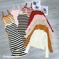 Set len áo khoác tay dài+ đầm sọc 2 dây ôm body