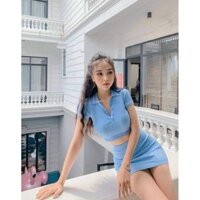 set len - áo len croptop cổ polo và chân váy body (1492B#)