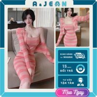 Set len đầm 2 dây sọc body phối áo khoác sọc cài nút tay dài | AJEAN STORE
