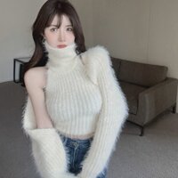 Set len lông thỏ áo ba lỗ cao cổ YIMI kèm áo khoác croptop