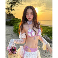 Set len móc đi biển - Set bikini len móc hoa
