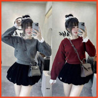 Set len nữ, Áo len nữ đính nơ phối ren dài tay cổ tròn dễ thương mix chân váy nhung bí siêu hot hit