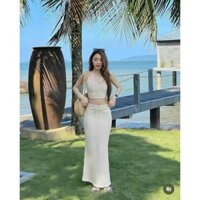 Sét Len Ren Quảng Châu Cao Cấp_Bộ Váy Đuôi Cá Dài Mix Aó Croptop Đan Dây Lưng Sexy, Tôn Dáng
