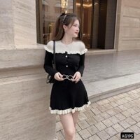 Set len tăm đen 2 món: áo đen tay dài phối cổ ren trắng bèo mix chân váy chữ A xoè, siêu hottrend