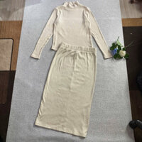 Set len tăm nữ áo cổ lọ chân váy quây dài hàng dư ghép set