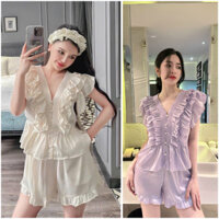 Set lụa mặc ngủ ở nhà áo tay ngắn bèo nhún thun , quần ngắn có túi ( mã #38)