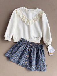 Set Lucky Brand áo da cá trắng ren ngực - chân váy thô xanh hoa nhí size 18m - 6y