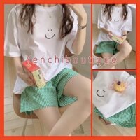 Set Mặt Cười Short Caro Xanh Nữ [FREESHIP] 🌸 Bộ ngủ áo thun trắng quần sooc đùi kẻ form rộng Ulzzang 🌸 - Hàng mới về