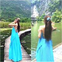 Set maxi đi biển dáng dài xinh đẹp áo xòe quạt với chân váy bo chum co giãn dễ thương quyến rũ