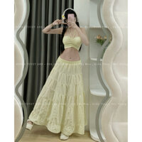 Set maxi váy đi biển 3 món áo cột dây cổ yếm chân váy xoè rộng kèm bikini nhún [ HÌNH THẬT HƯƠNG TUYẾT ANH BOUTIQUE )