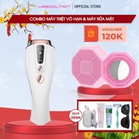 Set máy triệt mini đầu triệt lạnh, trị mụn và máy rửa mặt đa chức năng 5in1 đẩy tinh chất, nâng cơ mặt, rửa mặt