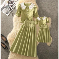 Set mẹ bé croptop kèm chân váy cổ bèo