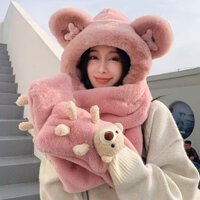 Set mũ, khăn, găng tay lông gấu 3D tai chữ M có size cho mẹ và bé