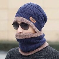 Set mũ len kèm khăn người lớn ót lông cho cả nam và nữ đều đẹp và ấm - Xanh Than