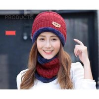 Set mũ len kèm khăn người lớn ót lông cho cả nam và nữ đều đẹp và ấm - Đỏ