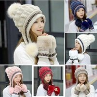 Set mũ len trùm đầu và găng tay đính quả bông Nón len quả bông cao cấp cho người lớn