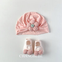 Set mũ Tuban kèm tất sơ sinh, set quà tặng mũ và vớ màu hồng pastel cho bé gái phong cách Hàn Quốc dễ thương sơ sinh