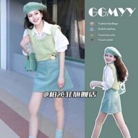 Set Mùa Xuân Dịu Dàng Hàn Quốc Áo Gile Len Dệt Kim Áo Sơ Mi Chân Váy Denim Ngắn