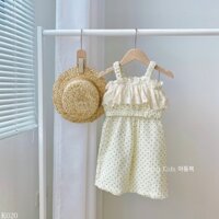Set muslin kem chấm bi áo 2 dây croptop + quần dài K020