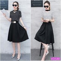 Set nguyên bộ áo cổ tim đầm xếp ly S-TD580