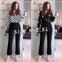 Set nguyên bộ quần dài ống suông áo sơ mi tay dài chấm bi