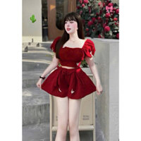 Sét NHUNG Áo croptop CỔ VUÔNG TN tay ngắn + Quần XOÈ NHẸ NƠ ĐÍNH B.ƯỚM QT dáng ngắn đi làm, chơi văn nghệ nữ - Thiên Yết