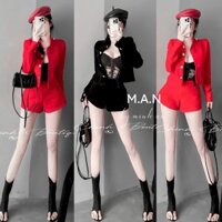 Set nhung Áo khoác cổ tàu, khuy kim loại phối Quần sooc, chất nhung mềm mịn, hàng Minh An