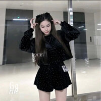 SET NHUNG ĐÍNH ĐÁ ÁO CROPTOP TAY DÀI PHỐI QUẦN ĐÙI