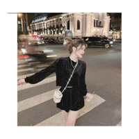 SET NHUNG TAY DÀI ĐÍNH ĐÁ ( ÁO CROPTOP+ QUẦN ĐÙI)