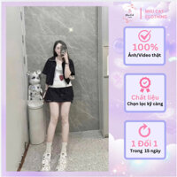 Set Nỉ 3 Món Áo Cổ Bẻ Cộc Tay Phối Dây Dù Rút Eo Kèm Áo Balo Mix Chân Váy Dáng A Ngắn Miiu Cat Clothing