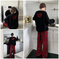 Set nỉ CALL ME BABY - Bộ đồ quần ống rộng Cullotes kẻ thô Kèm áo GENZ