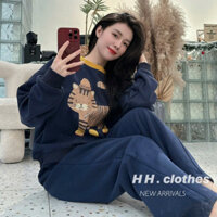 set nỉ nữ mùa đông,đồ bộ nữ sang chảnh bộ nỉ 2 da quần suông áo in mèo cổ bo RR160