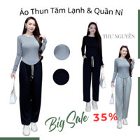 Set Nỉ Nữ Quần Baggy Áo Thun Dài Tay Co Giãn 4 Chiều Đồ Bộ Nỉ Form Dáng Đẹp Trẻ Trung Phong Cách Sang Chãnh