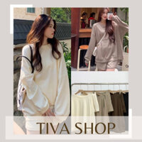 Set nỉ tăm cổ tròn dài tay kèm quần đùi chun, bộ quần áo thu đông nữ form rộng, set đồ nữ thể thao phong cách Hàn Quốc