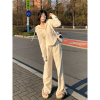 Set nỉ thun thể thao áo khoác có mũ màu be ulzzang (order)