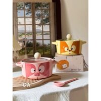 SET NỒI SỨ KÈM THÌA SỨ CÓ NẮP HỌA TIẾT LỢN ĐÁNG YÊU
