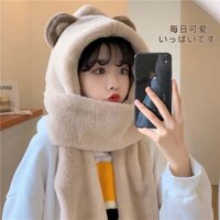 Set Nón Khăn Choàng Găng Tay Giữ Ấm Mùa Đông 2020 Kèm Găng Tay Bông Hình Gấu Dễ Thương Cho Nữ