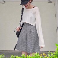Set Nữ Áo Croptop Trắng Kèm Quần Short Caro Kẻ Ô - Bộ Nữ Áo Ngắn Tay Dài Kèm Quần Đùi Ống Rộng Kẻ - Sp sẵn - Lisa.m.Stor