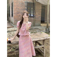 SET NỮ ÁO KẺ CARO HỒNG CỔ VUÔNG CHÂN VÁY DÀI LS_SETN771