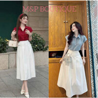 SET NỮ ÁO SƠ MI CÁNH DƠI CHÂN VÁY COTTON LẠNH DÁNG DÀI THANH LỊCH CHO NỮ ĐI CHƠI, HẸN HÒ