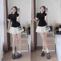 Set Nữ Áo Thun Tăm Cổ Tròn Tay Bèo + Chân Váy Tơ Phồng