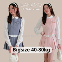 Set nữ BIGSIZE Banamo Fashion bộ 3 món áo sơ mi cổ sen phối áo gile túi nơ mix chân váy xếp ly 2 túi trước 1914