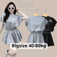 Set nữ BIGSIZE Banamo Fashion bộ áo tay hến nhún eo đính nơ kèm quần sooc xòe thun tăm 1908