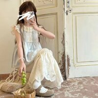Set Nữ Cho Nữ Áo Tay Bay Nhỏ Màu Xanh Dương Ngọt Ngào Phối Chân Váy Trắng Chữ A Cạp Cao Mùa Hè