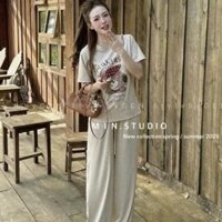 set nữ dễ thương,áo cộc tay nữ cổ tròn in hình chú cún mix quần suông ống rộng siêu hot B106