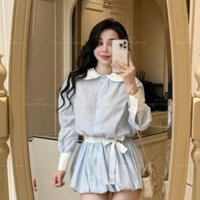set nữ dễ thương,jum kẻ áo cổ sen nơ buộc eo P19