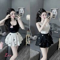 Set nữ đi chơi sexy áo thun tăm không tay cổ vuông đính thỏ phối chân váy lụa tầng họa tiết nơ siêu xinh